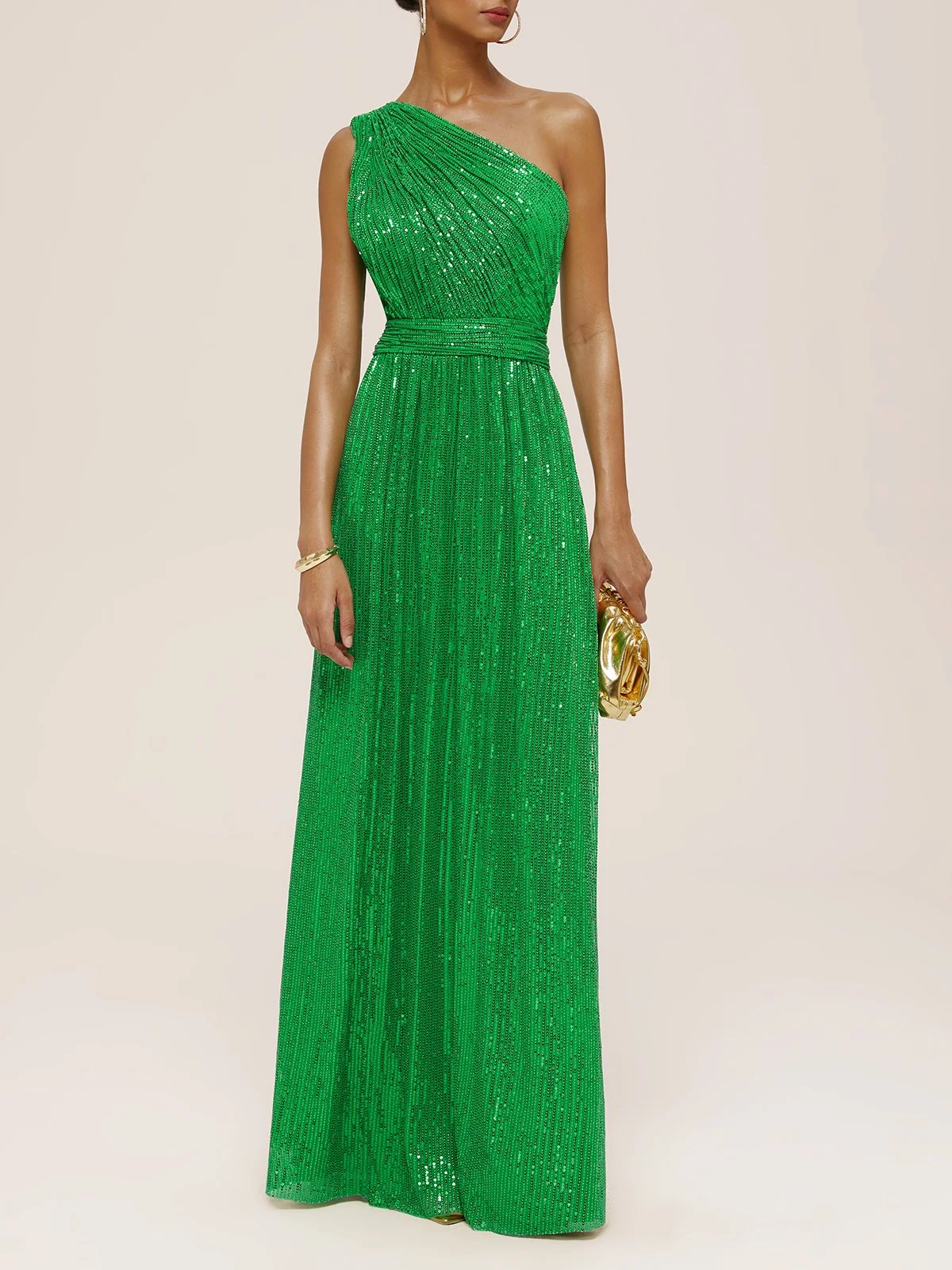 Green One Shoulder Sleeveless A-Line Gown  Sequin Dress