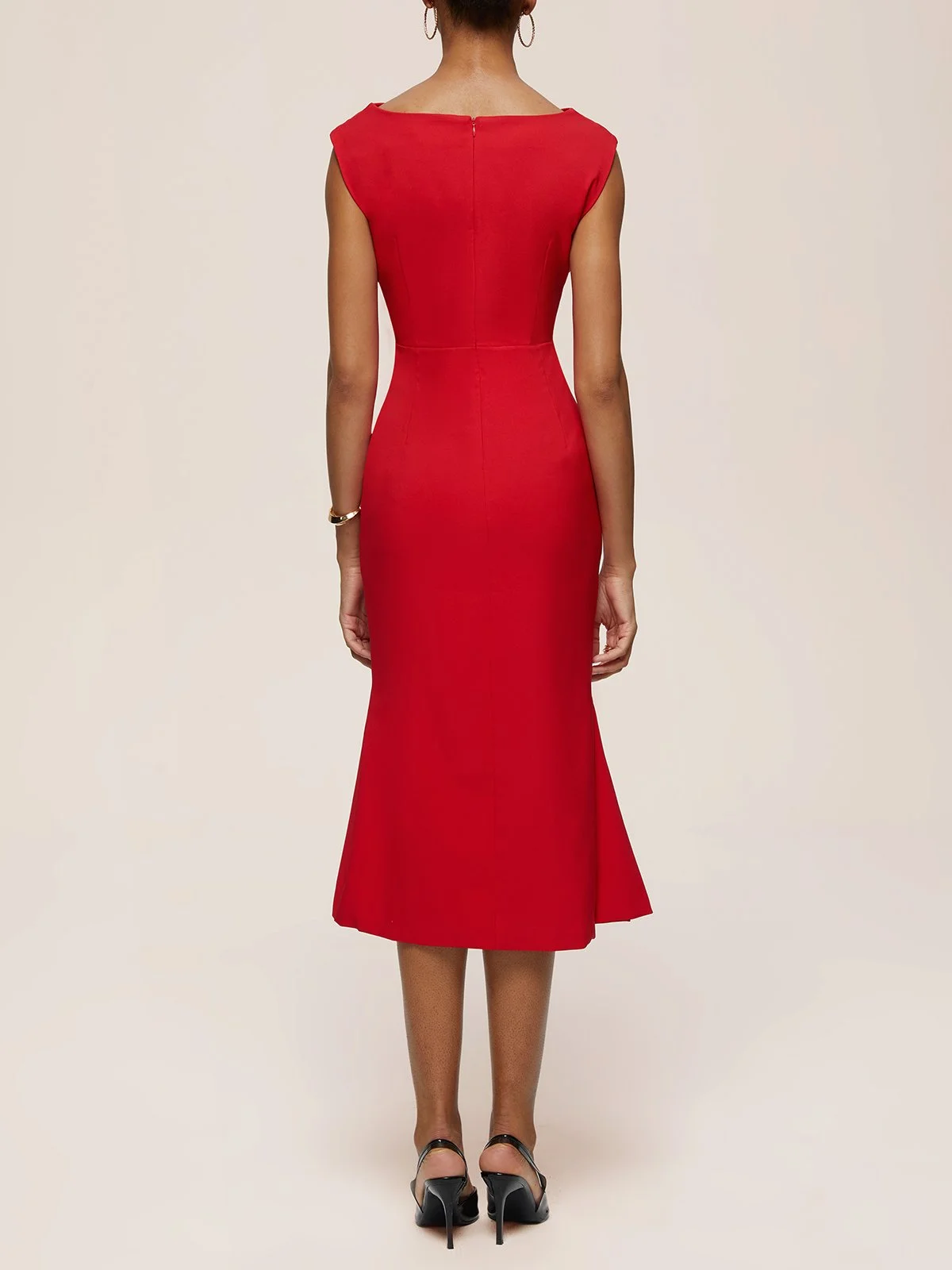 Red Cowl Neck Sleeveless Sheath Midi Dress