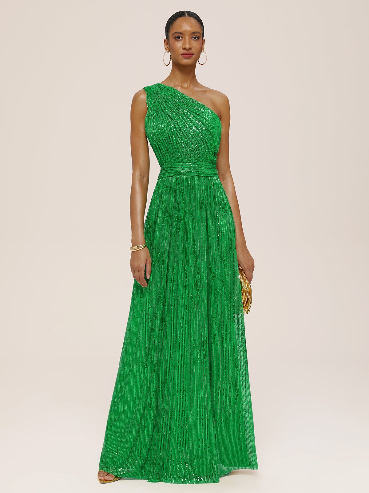 Green One Shoulder Sleeveless A-Line Gown  Sequin Dress