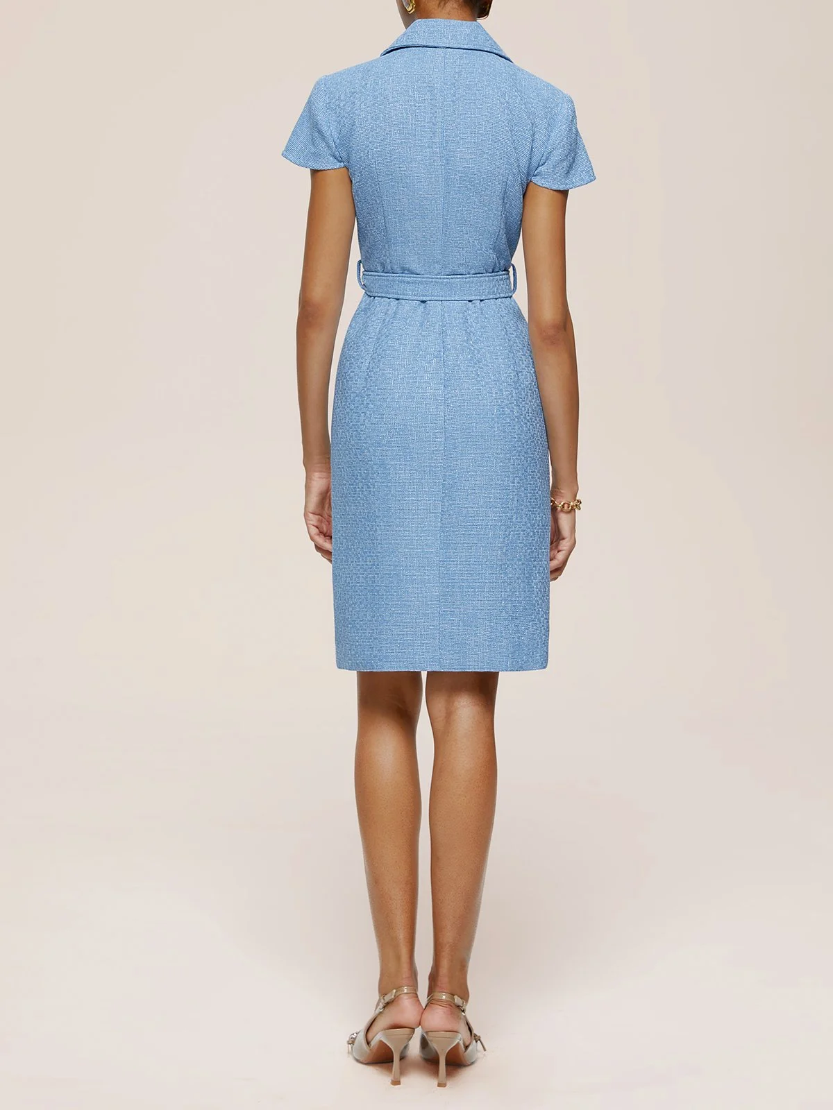 Blue Short Sleeve Tweed Sheath Midi Dress With Belt