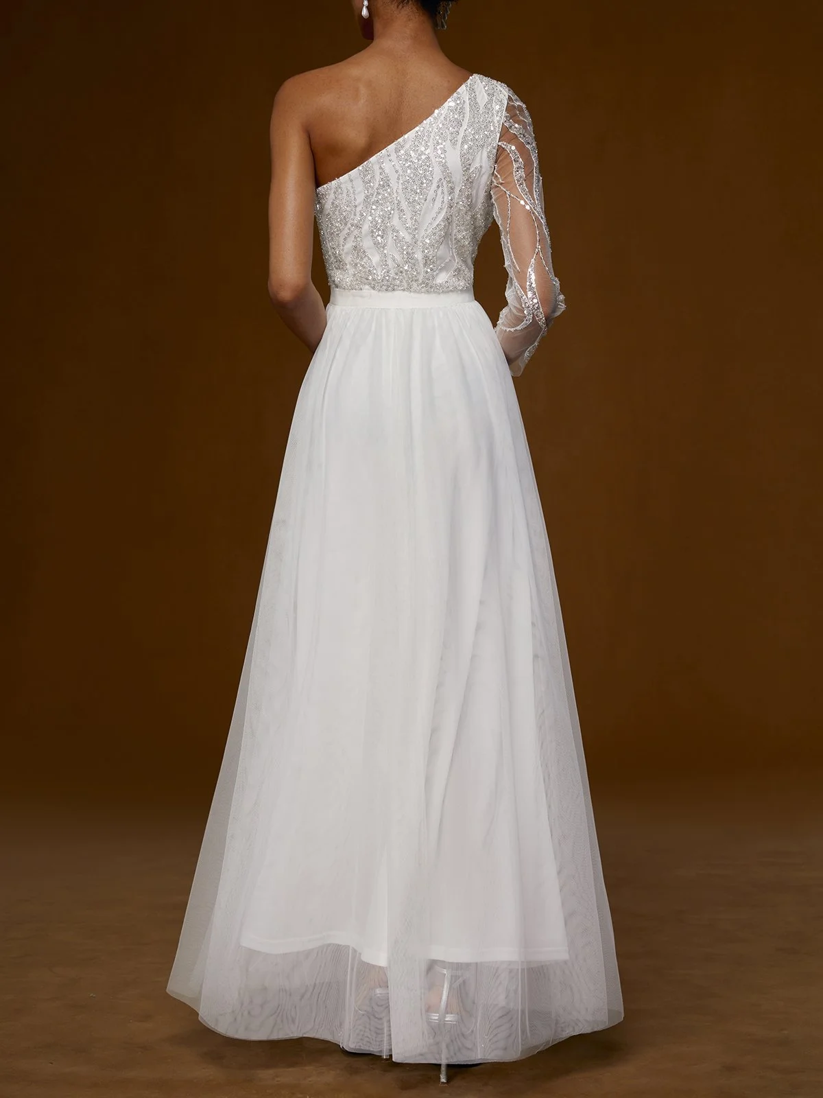 White Mesh Sequin One Shoulder Long Sleeve Chiffon A-Line Wedding Dress