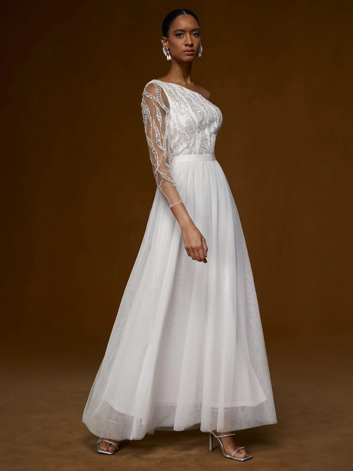 White Mesh Sequin One Shoulder Long Sleeve Chiffon A-Line Wedding Dress