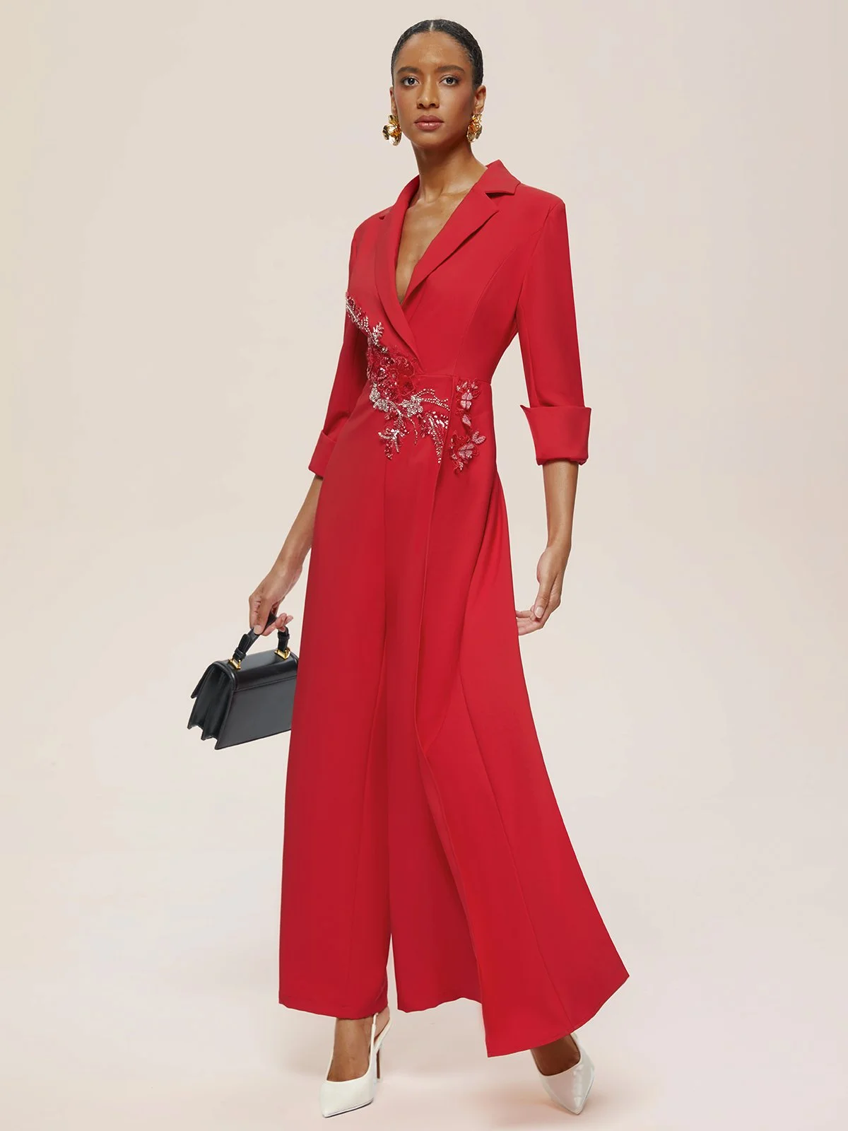 Red Applique Floral Lapel Collar Blazer Wide-Leg Jumpsuit