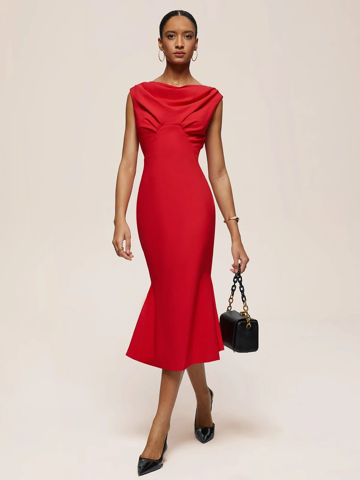 Red Cowl Neck Sleeveless Sheath Midi Dress