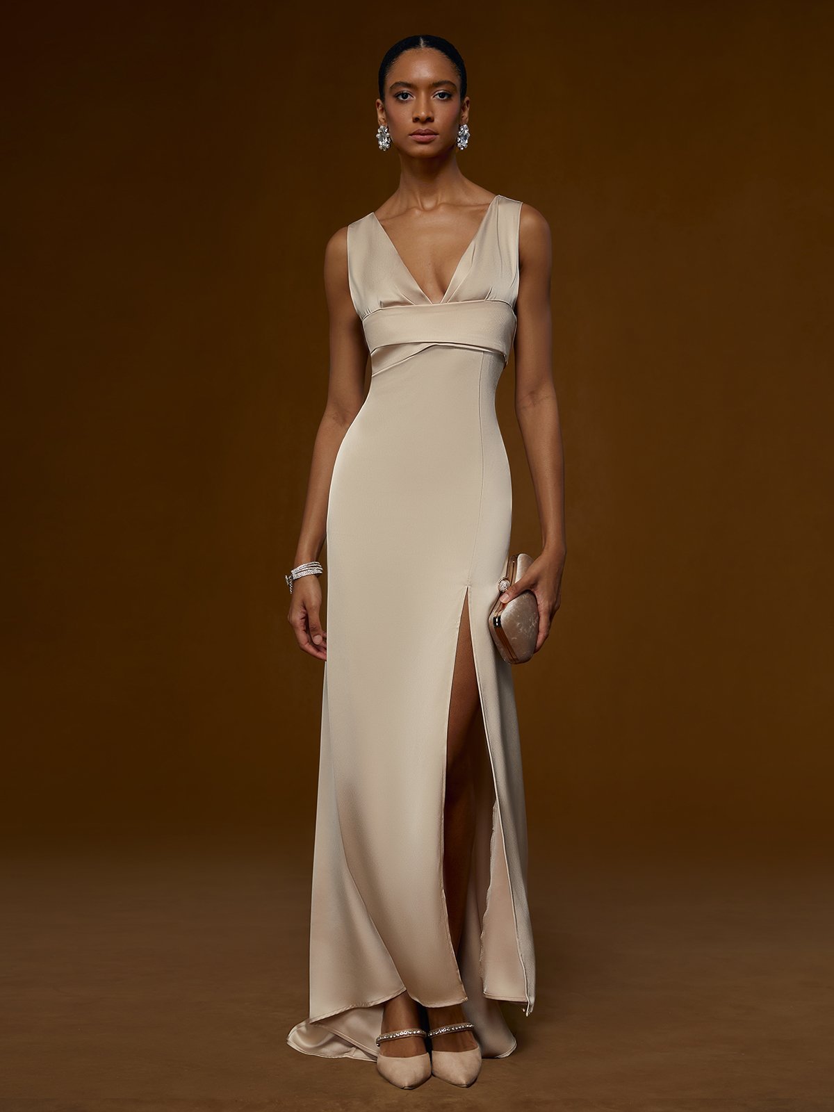 Apricot V Neck Sleeveless Slit Sheath Satin Dress