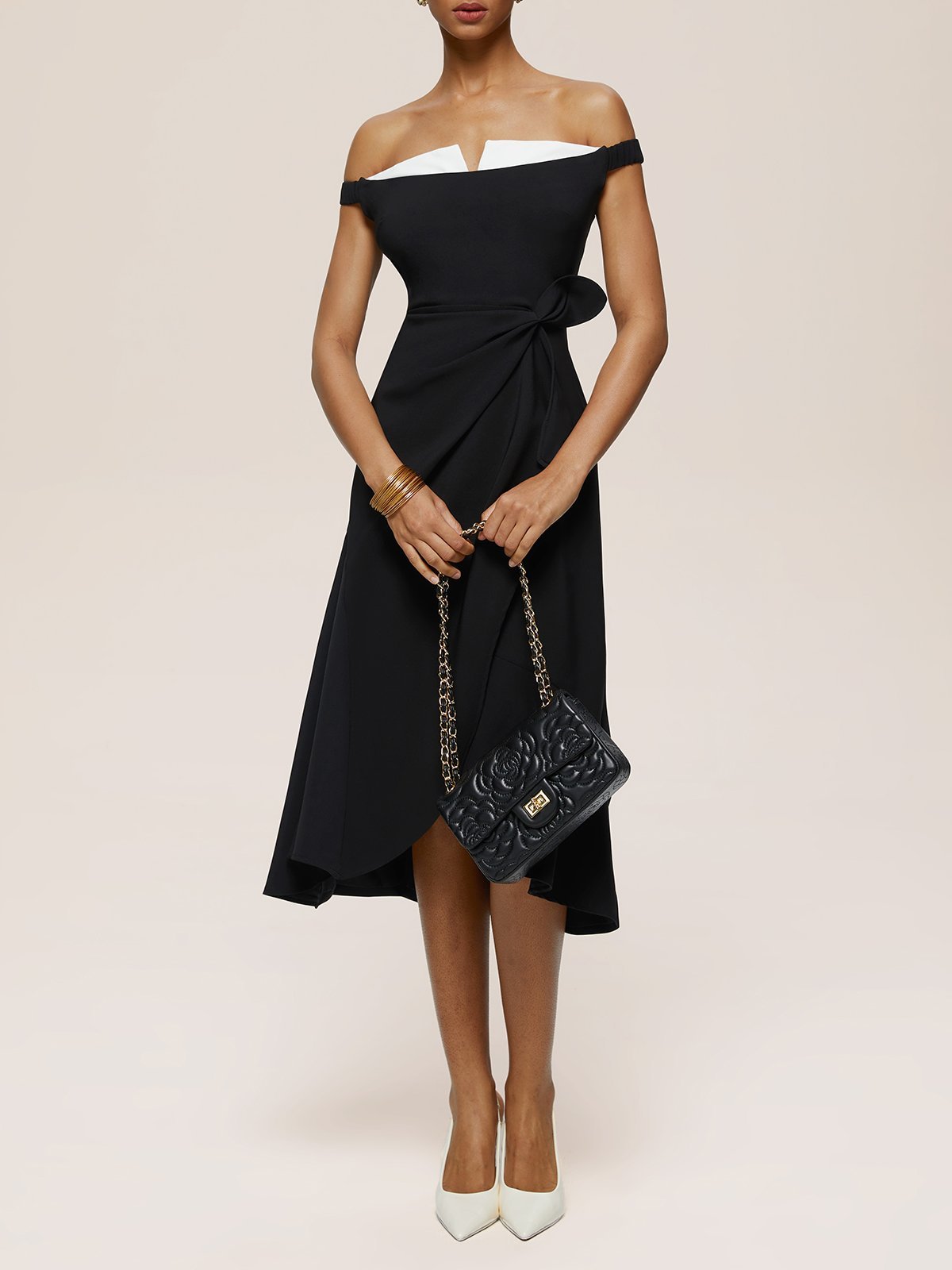 Black Off The Shoulder Sleeveless A-Line Midi Dress