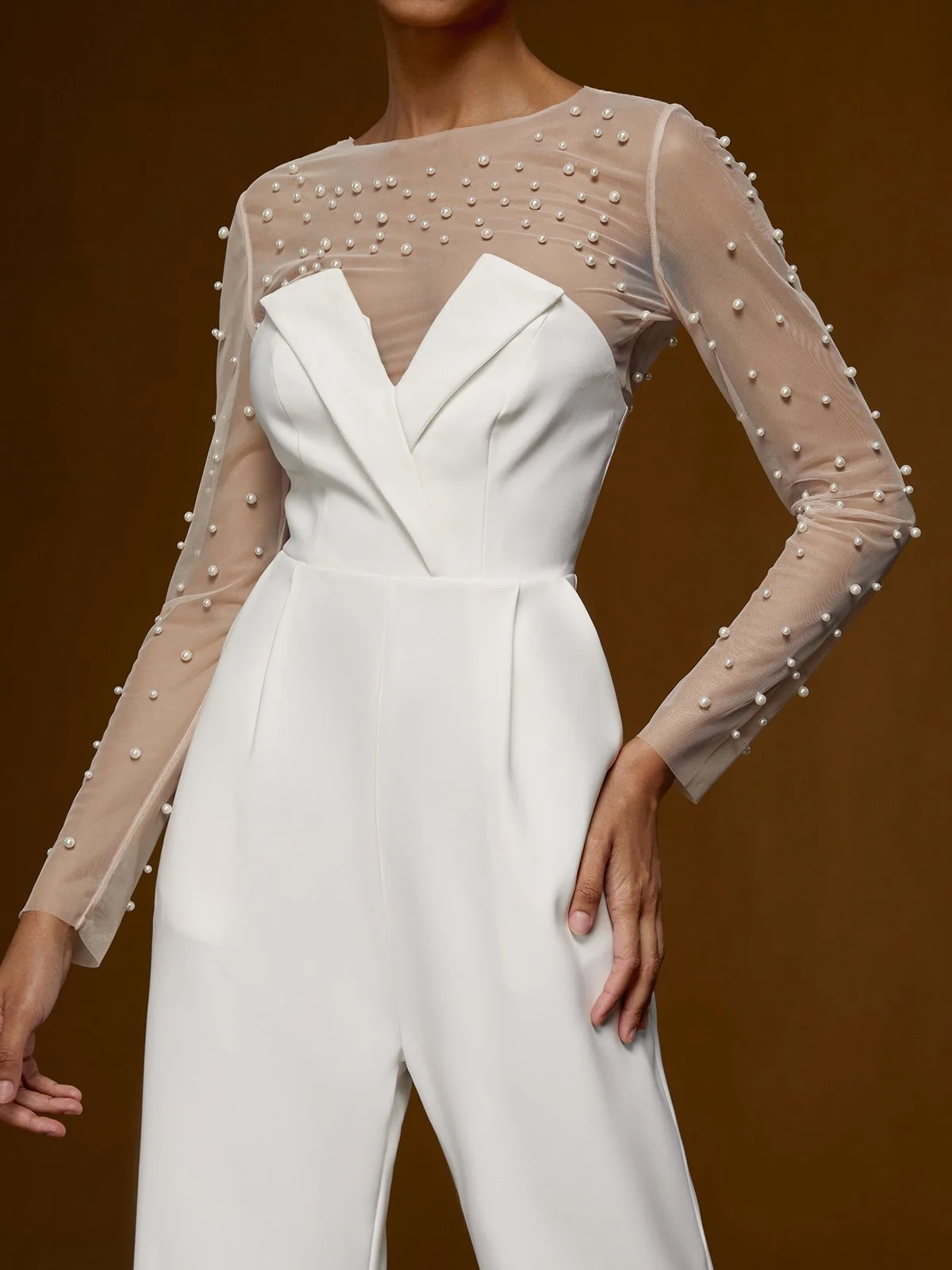 Women White Mesh Imitation Pearls Strapless Wide-Leg Jumpsuit