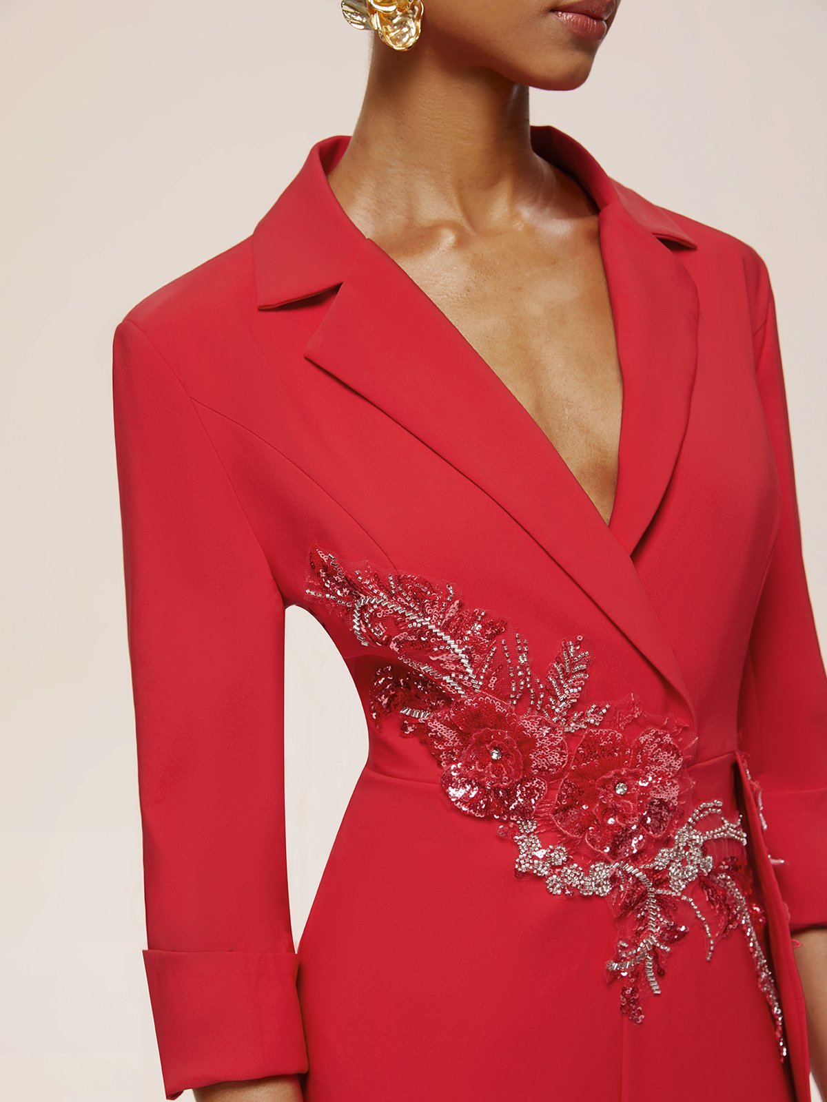 Red Applique Floral Lapel Collar Blazer Wide-Leg Jumpsuit