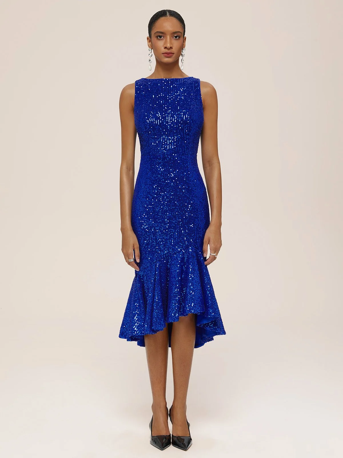 Blue Sequin Boat Neck Mermaid Midi Dress