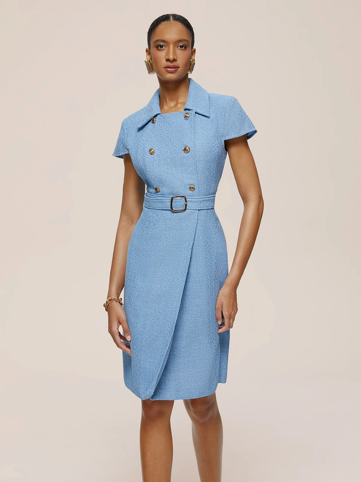Blue Short Sleeve Tweed Sheath Midi Dress With Belt