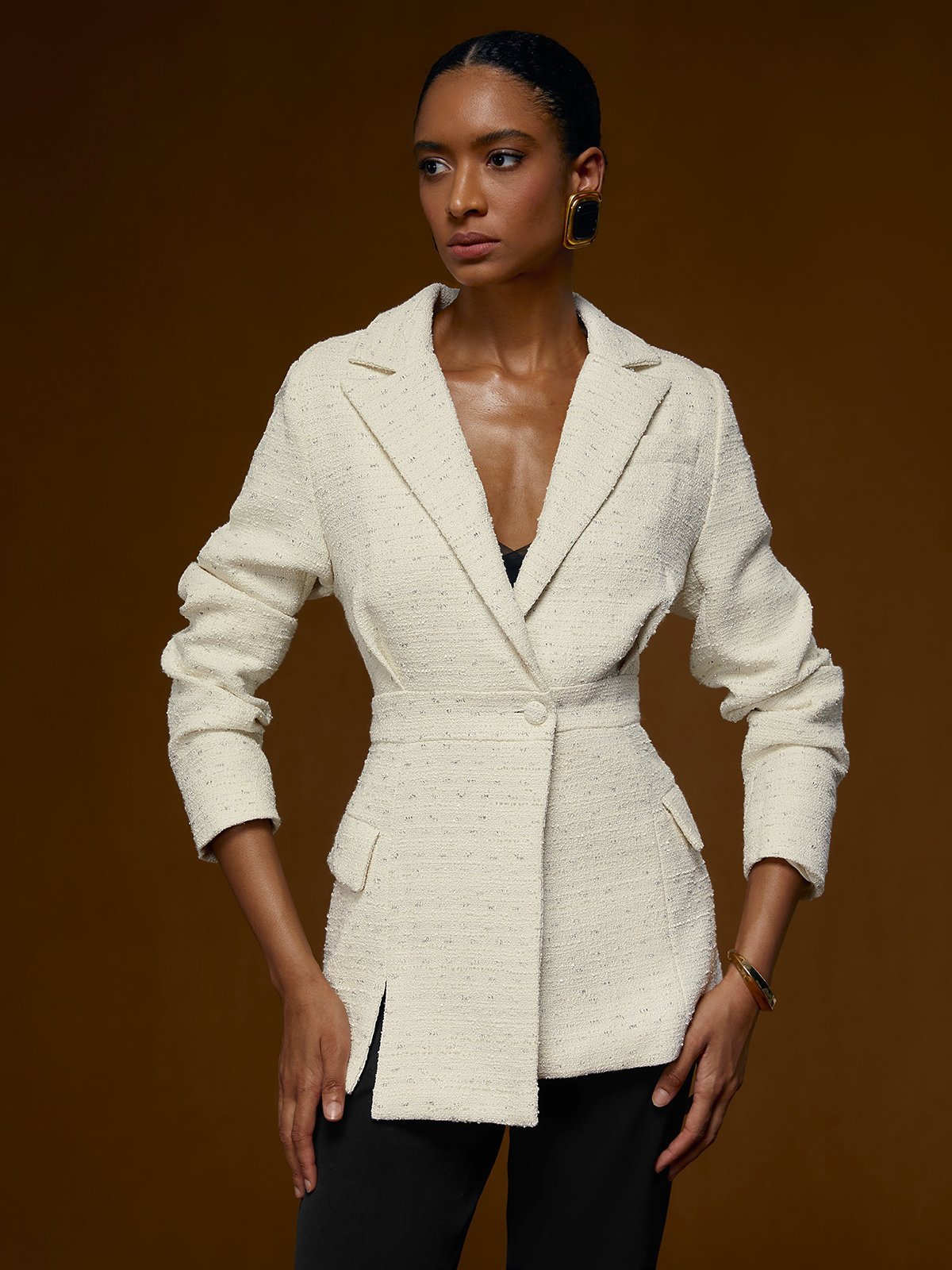 Women White Lapel Collar Tweed Blazer