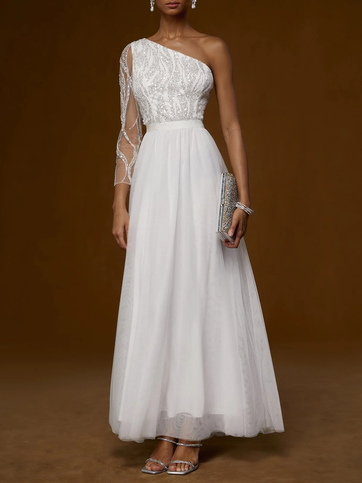 White Mesh Sequin One Shoulder Long Sleeve Chiffon A-Line Wedding Dress