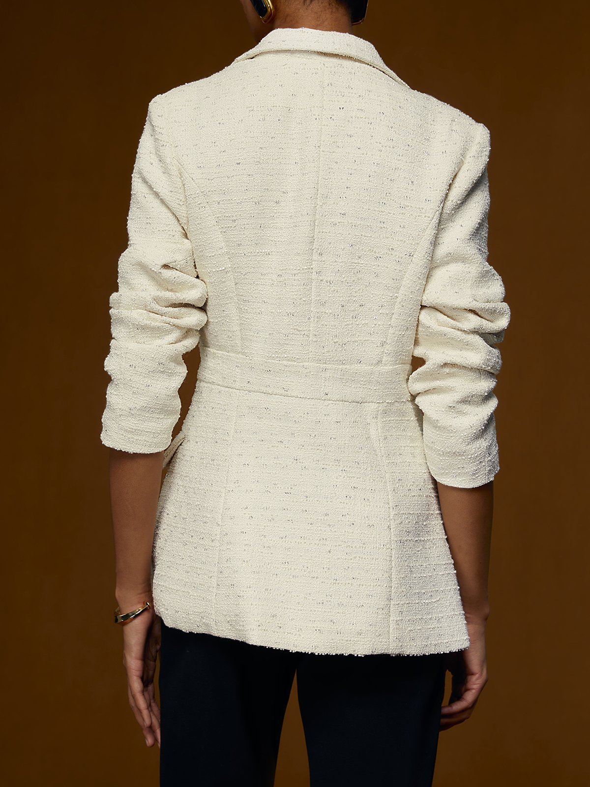 Women White Lapel Collar Tweed Blazer