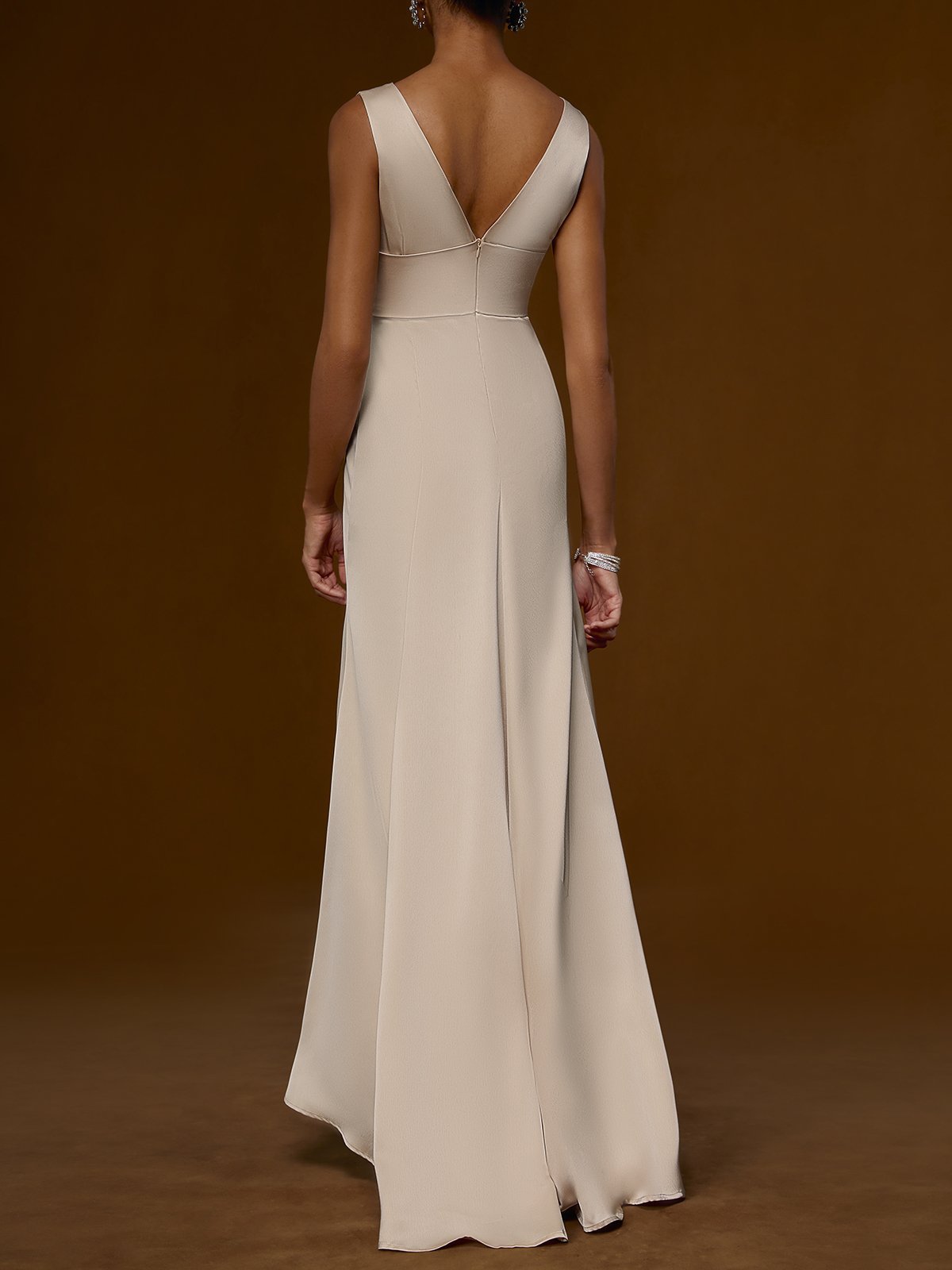 Apricot V Neck Sleeveless Slit Sheath Satin Dress