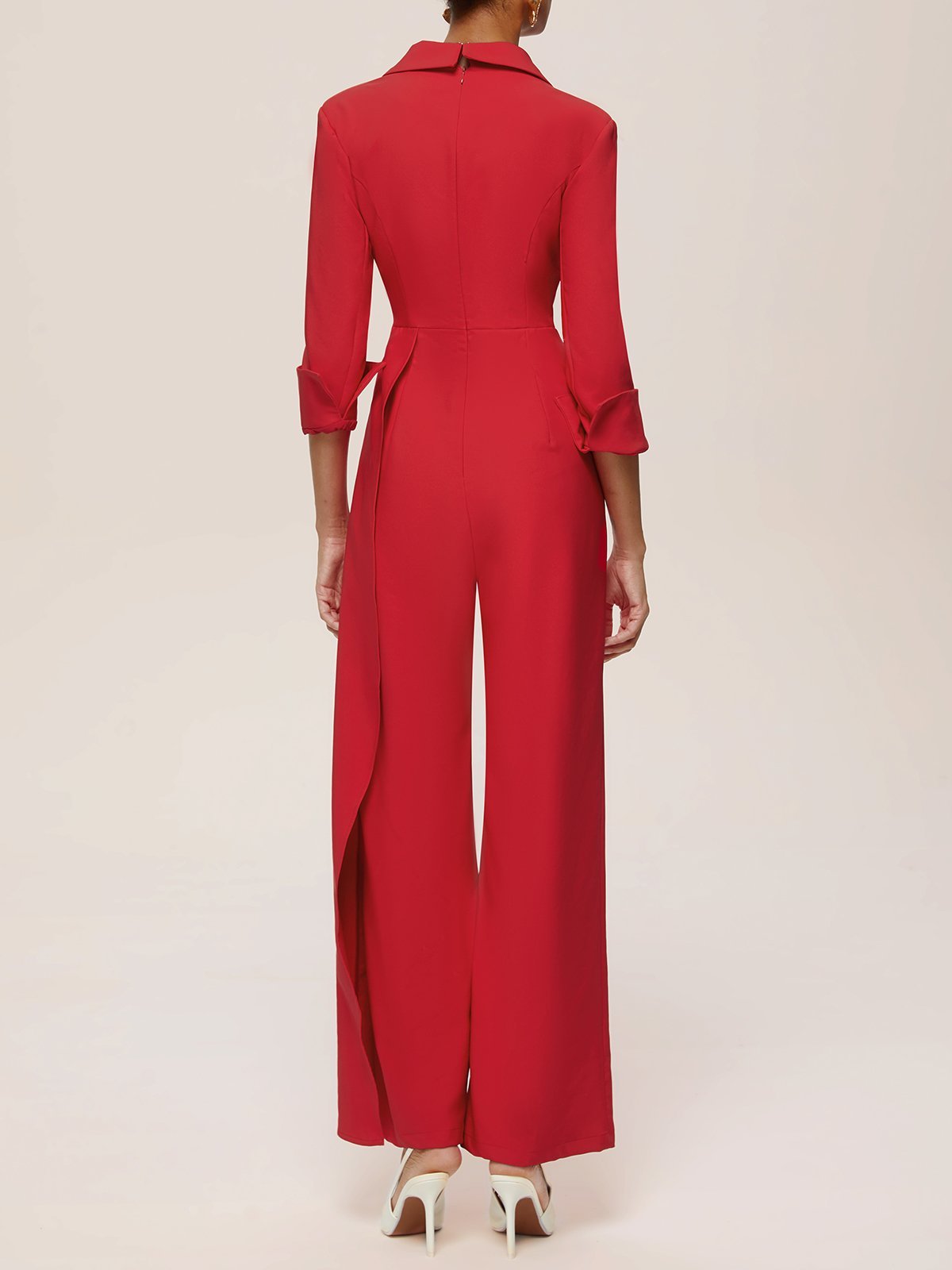 Red Applique Floral Lapel Collar Blazer Wide-Leg Jumpsuit