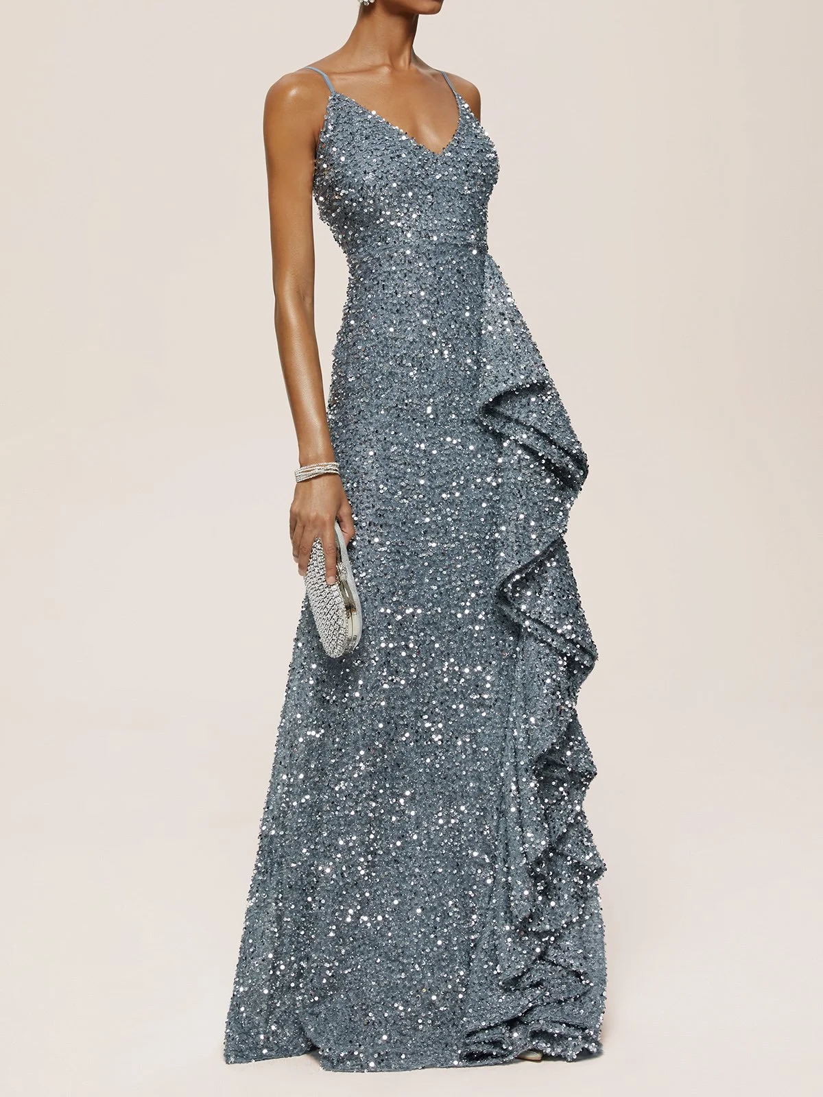 Silver Sequin Ruffled Spaghetti Sleeveless A-Line Gown