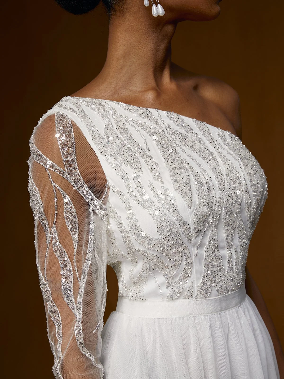 White Mesh Sequin One Shoulder Long Sleeve Chiffon A-Line Wedding Dress