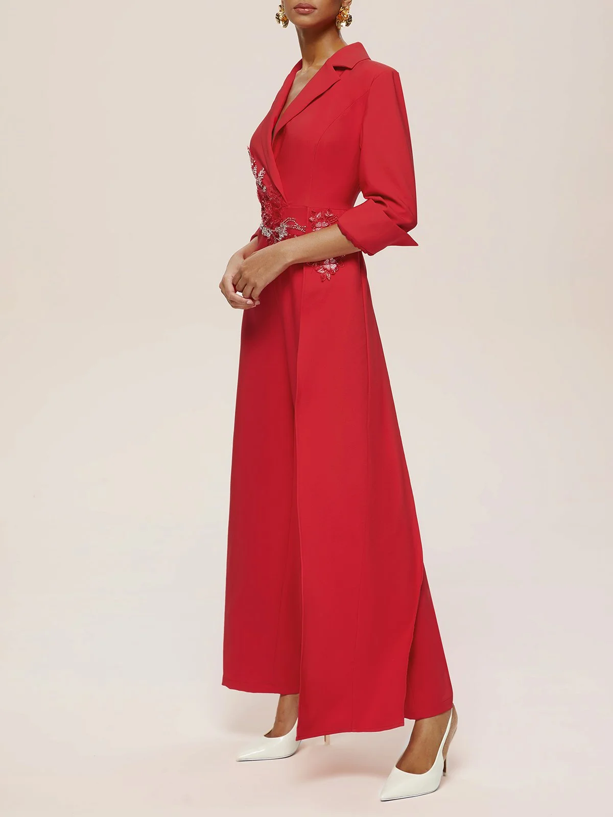 Red Applique Floral Lapel Collar Blazer Wide-Leg Jumpsuit