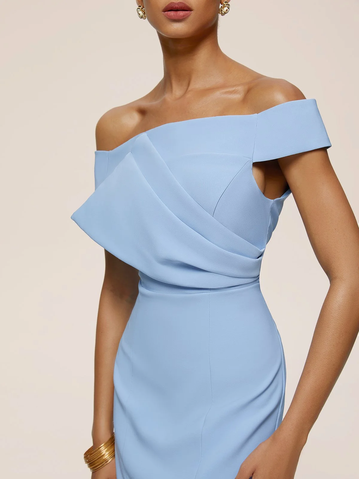 Blue Ruched Off The Shoulder Sheath Mini Dress