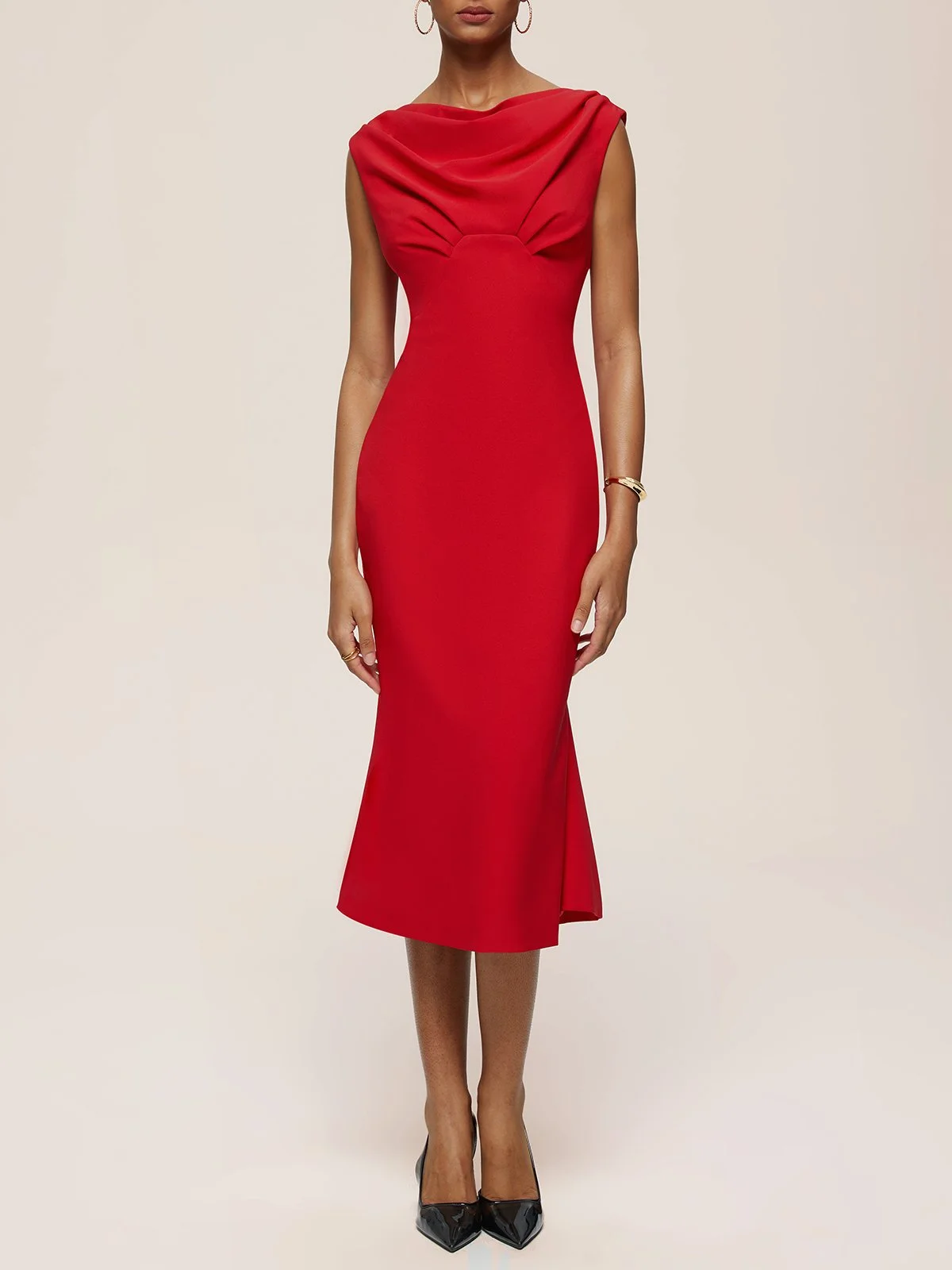 Red Cowl Neck Sleeveless Sheath Midi Dress