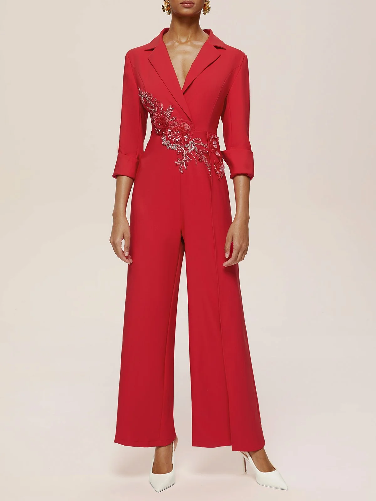 Red Applique Floral Lapel Collar Blazer Wide-Leg Jumpsuit