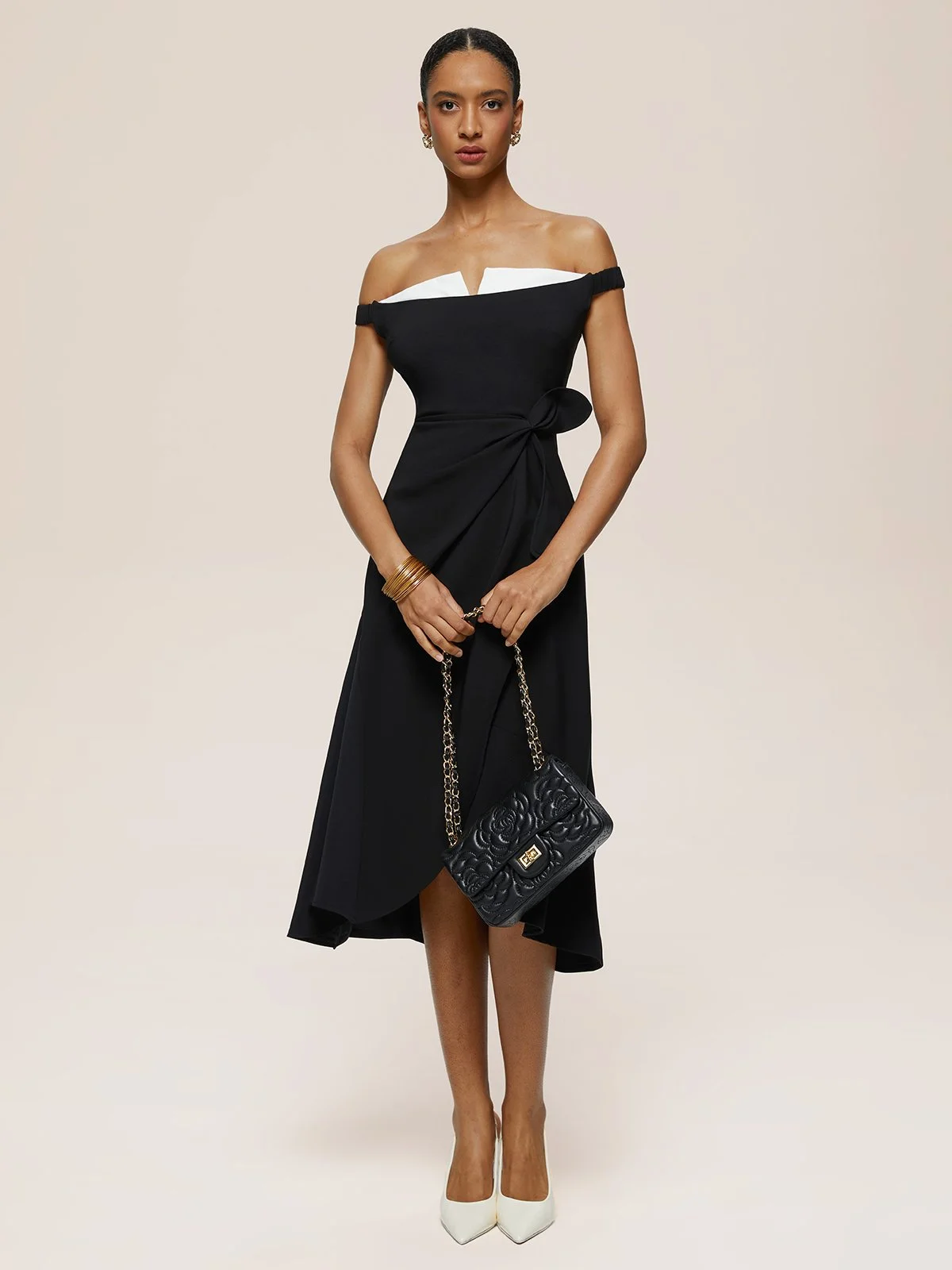 Black Off The Shoulder Sleeveless A-Line Midi Dress