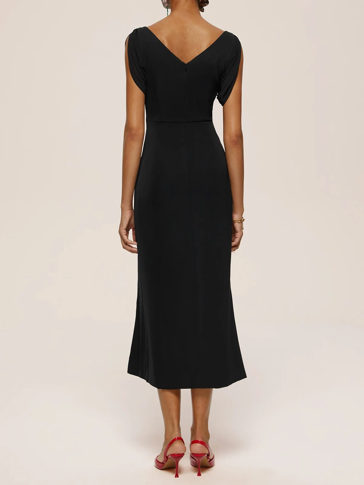 Black Floral Embroidered V Neck Sleeveless Slit Sheath Midi Dress