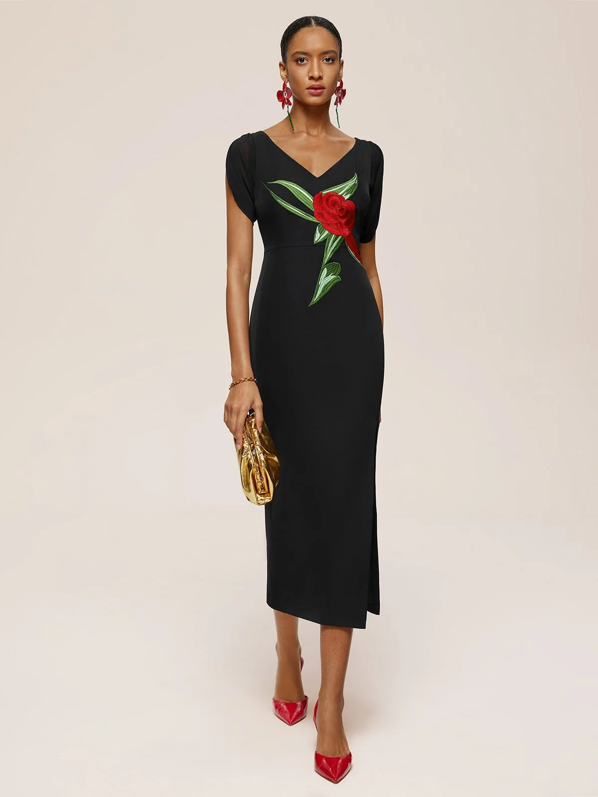 Black Floral Embroidered V Neck Sleeveless Slit Sheath Midi Dress