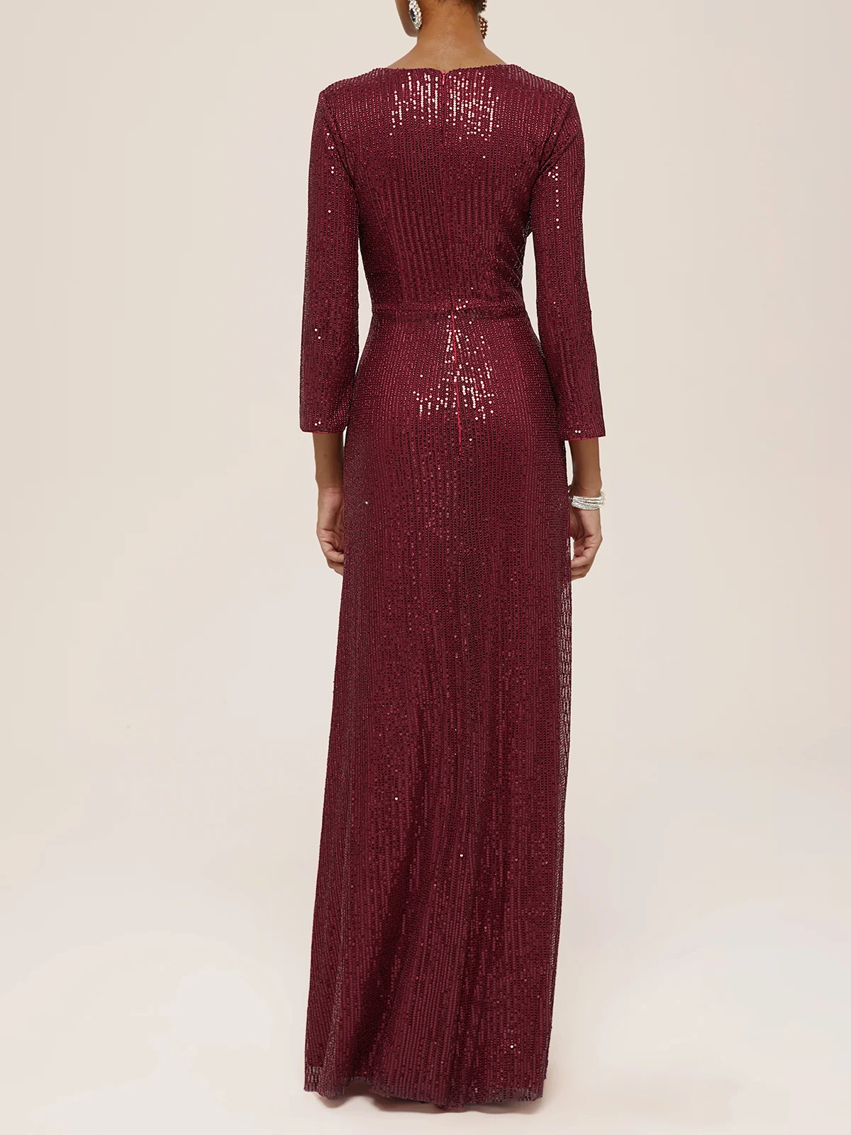 Red Ruched Sequin V Neck Three Quarter Sleeve Sheath Maxi Dress