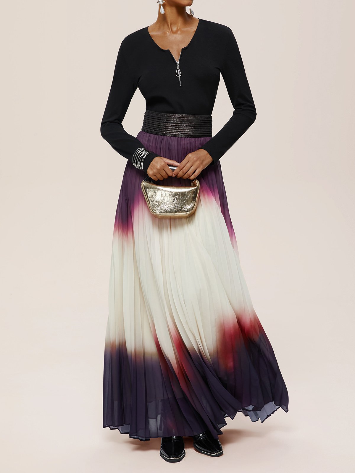 Women Ombre Black Long Sleeve A-line Pleated Two-Piece Set
