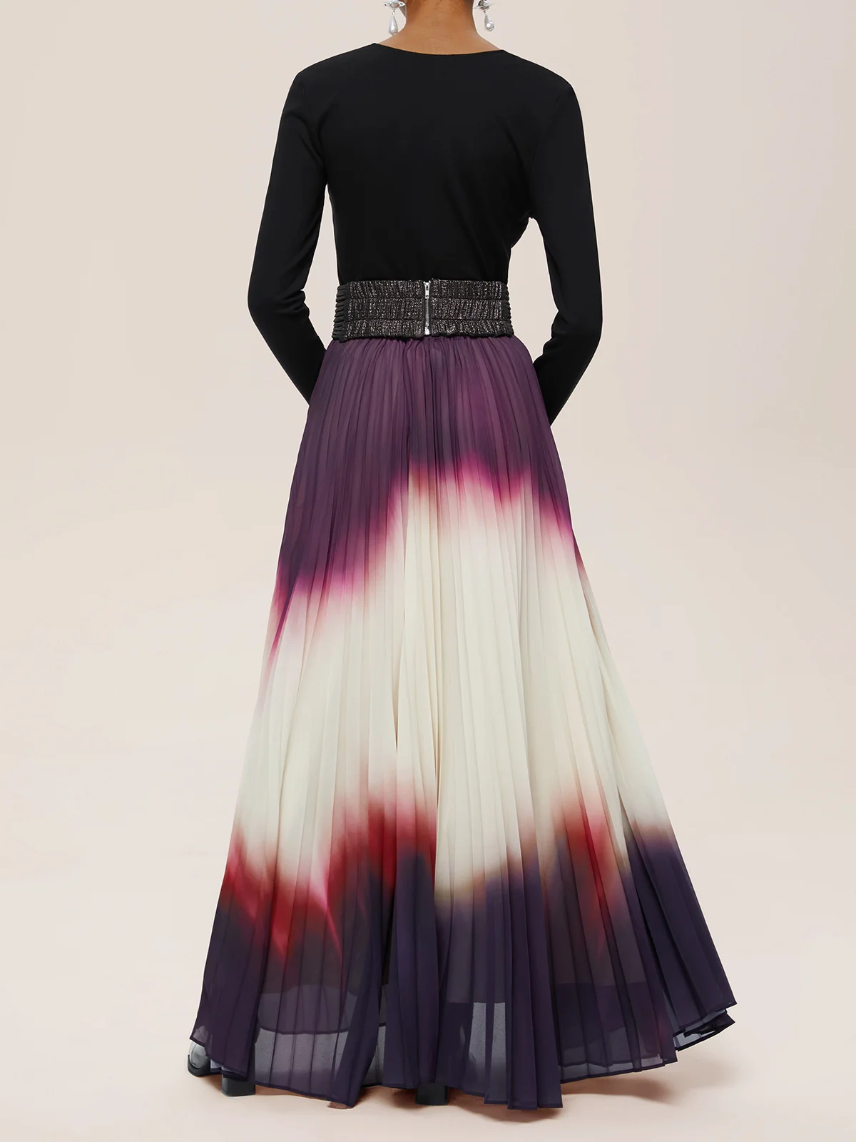 Women Ombre Black Long Sleeve A-line Pleated Two-Piece Set