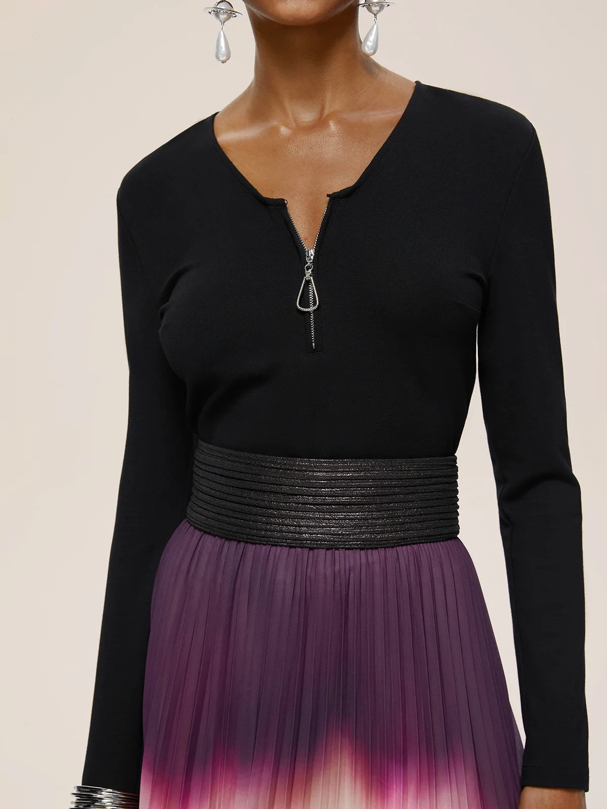 Women Ombre Black Long Sleeve A-line Pleated Two-Piece Set