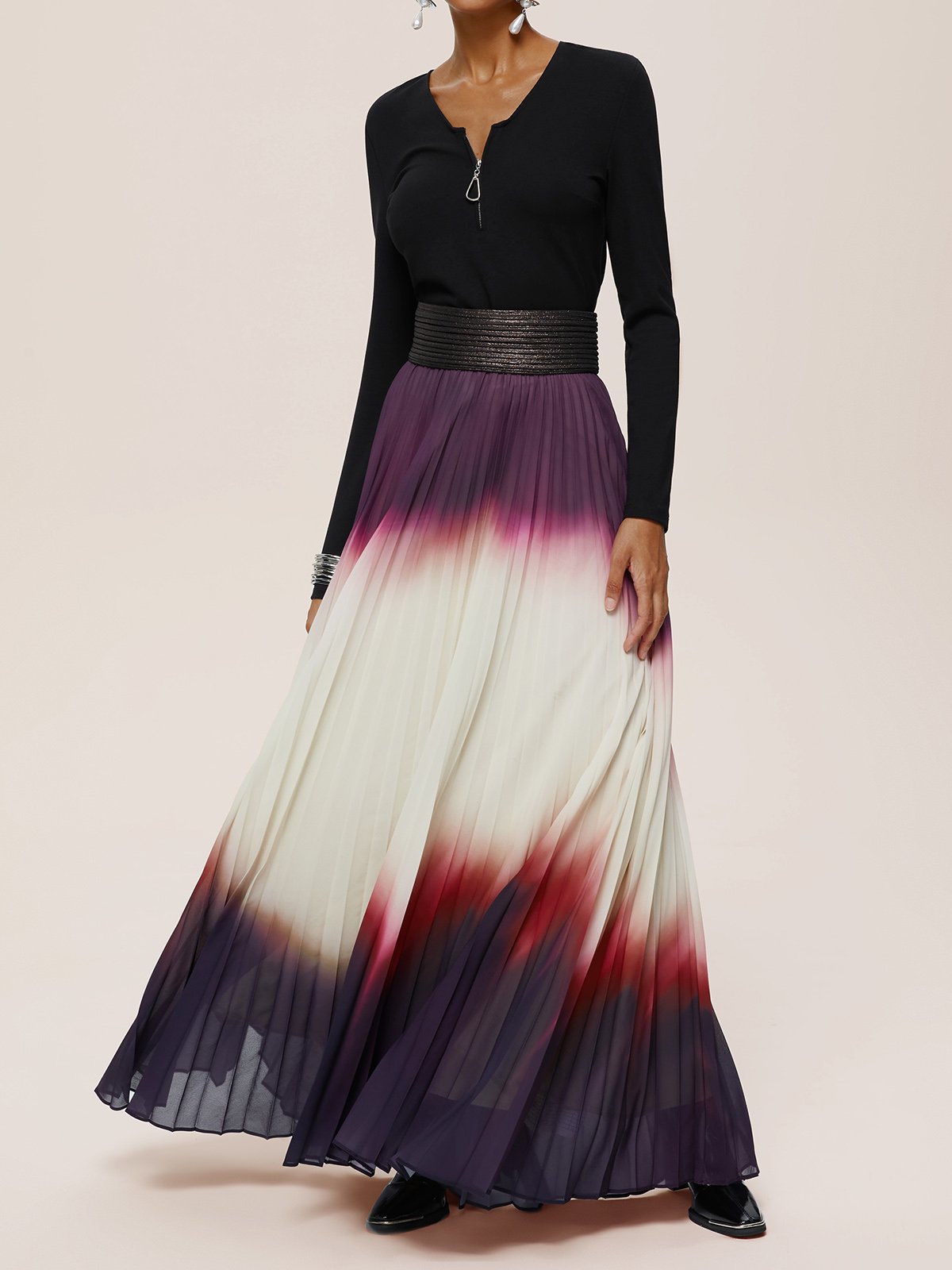 Women Ombre Black Long Sleeve A-line Pleated Two-Piece Set