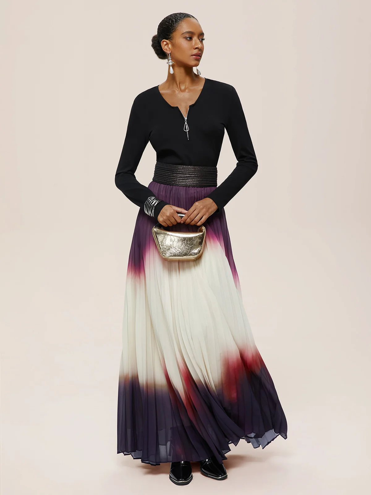 Women Ombre Black Long Sleeve A-line Pleated Two-Piece Set