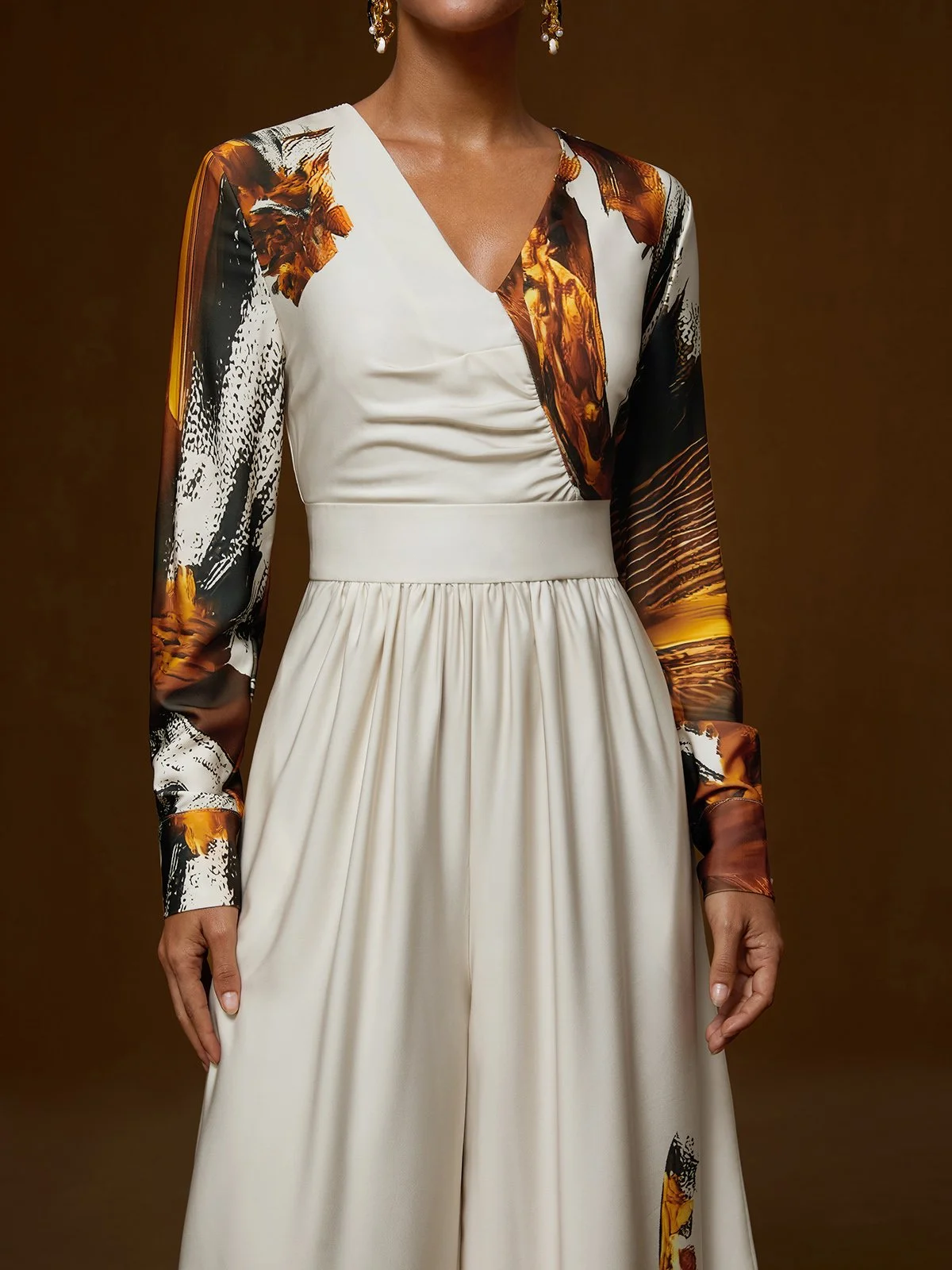 Women Light Khaki Floral V Neck Long Sleeve Wide-Leg Jumpsuit