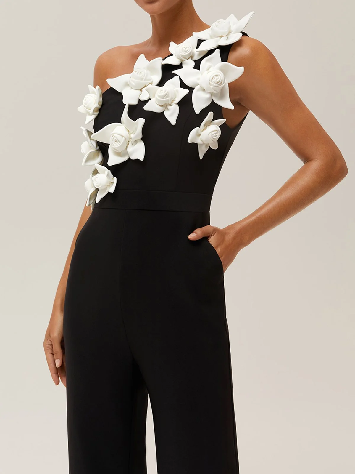 Women Black One Shoulder 3D Floral Wide-Leg Jumpsuit
