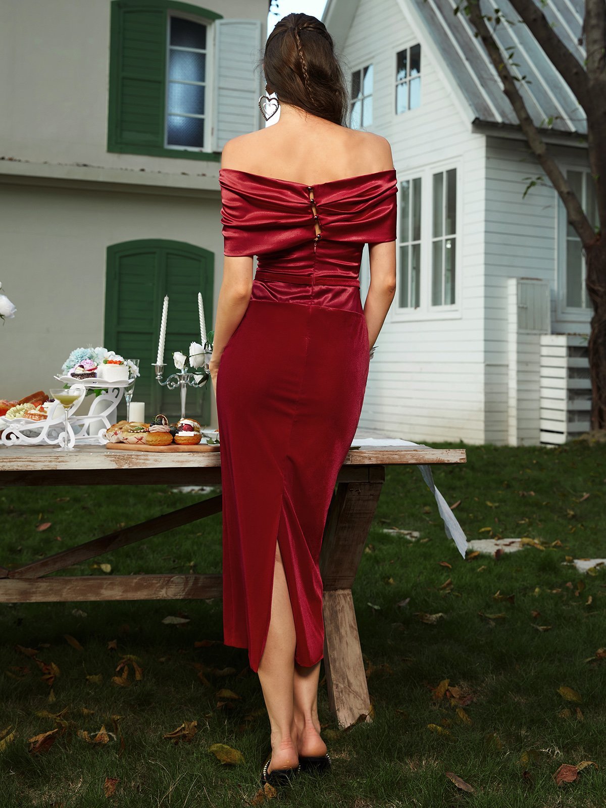 Wine Red Off The Shoulder Sheath Maxi Velvet Dress