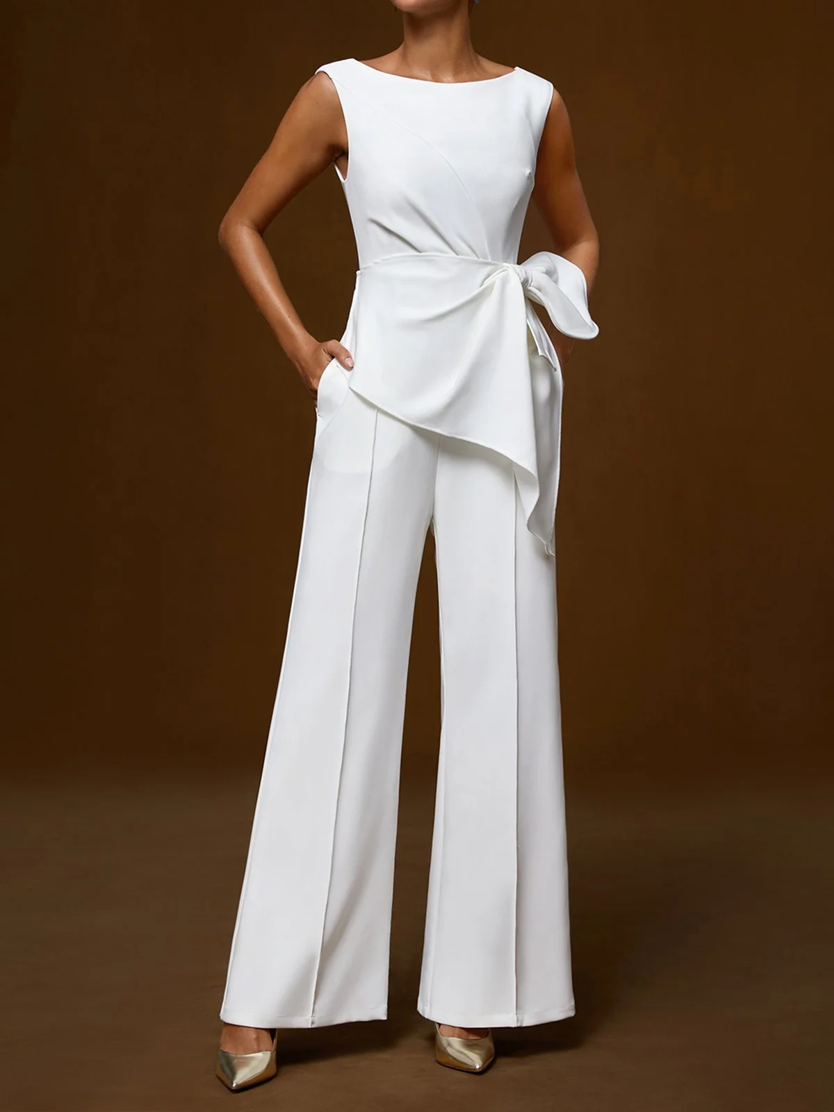 Women White Bow Sleeveless Wide-Leg Jumpsuit