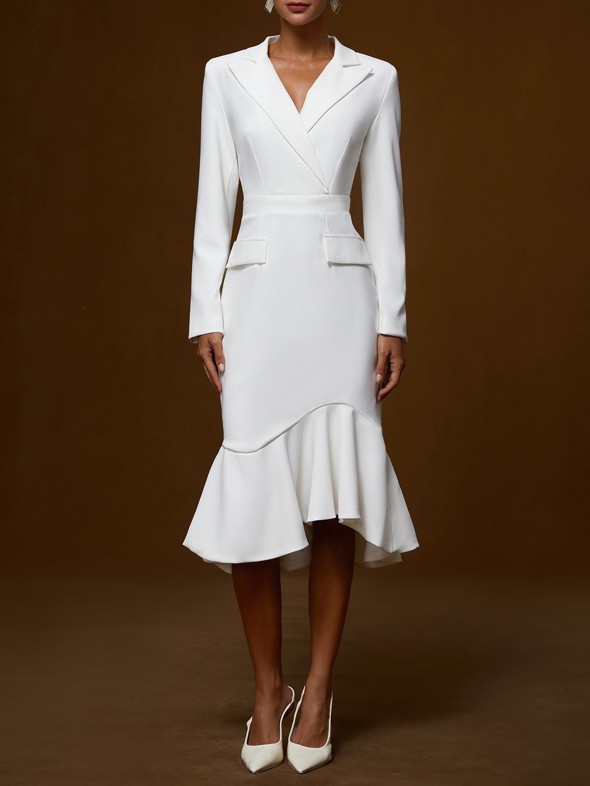 White Ruffled Shawl Collar Mermaid Midi Blazer Dress