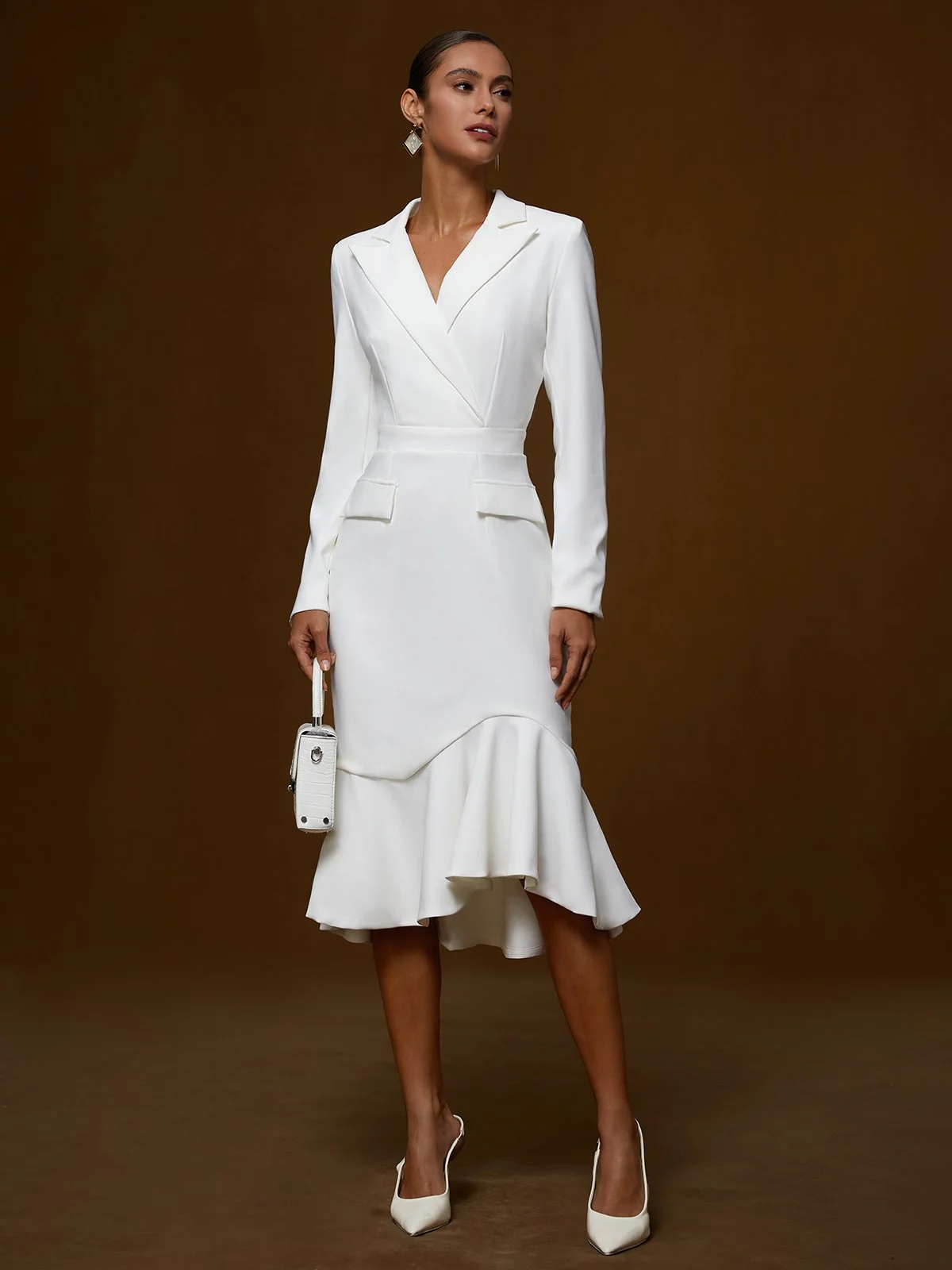 White Ruffled Shawl Collar Mermaid Midi Blazer Dress
