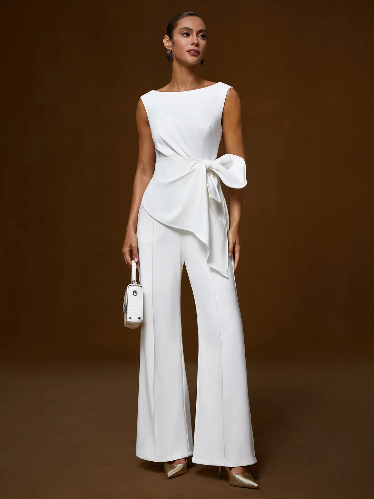 Women White Boat Neck Sleeveless Bow Wide-Leg Jumpsuit