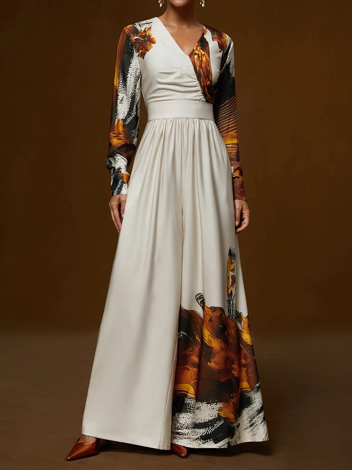Women Light Khaki Floral V Neck Long Sleeve Wide-Leg Jumpsuit