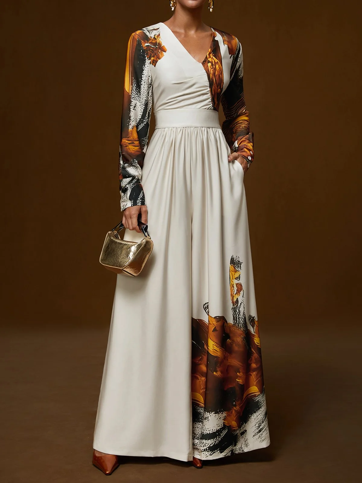 Women Light Khaki Floral V Neck Long Sleeve Wide-Leg Jumpsuit