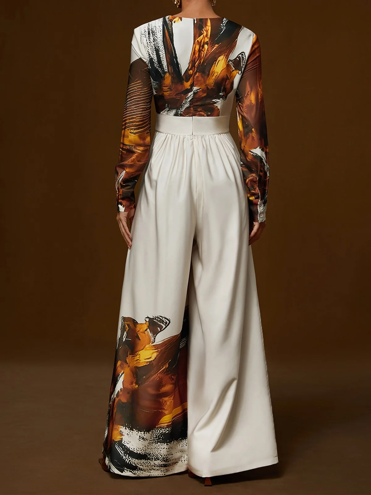 Women Light Khaki Floral V Neck Long Sleeve Wide-Leg Jumpsuit