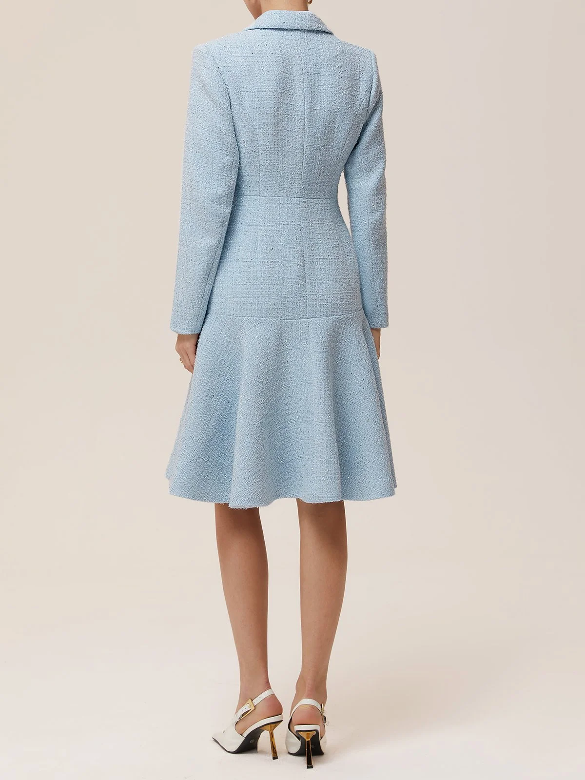 Light Blue Lapel Collar Pocket A-Line Midi Tweed Blazer Dress