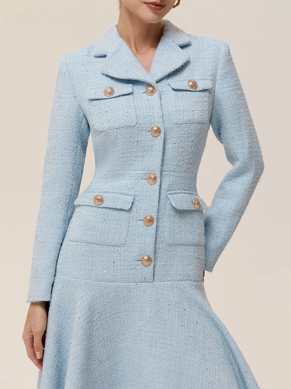 Light Blue Lapel Collar Pocket A-Line Midi Tweed Blazer Dress