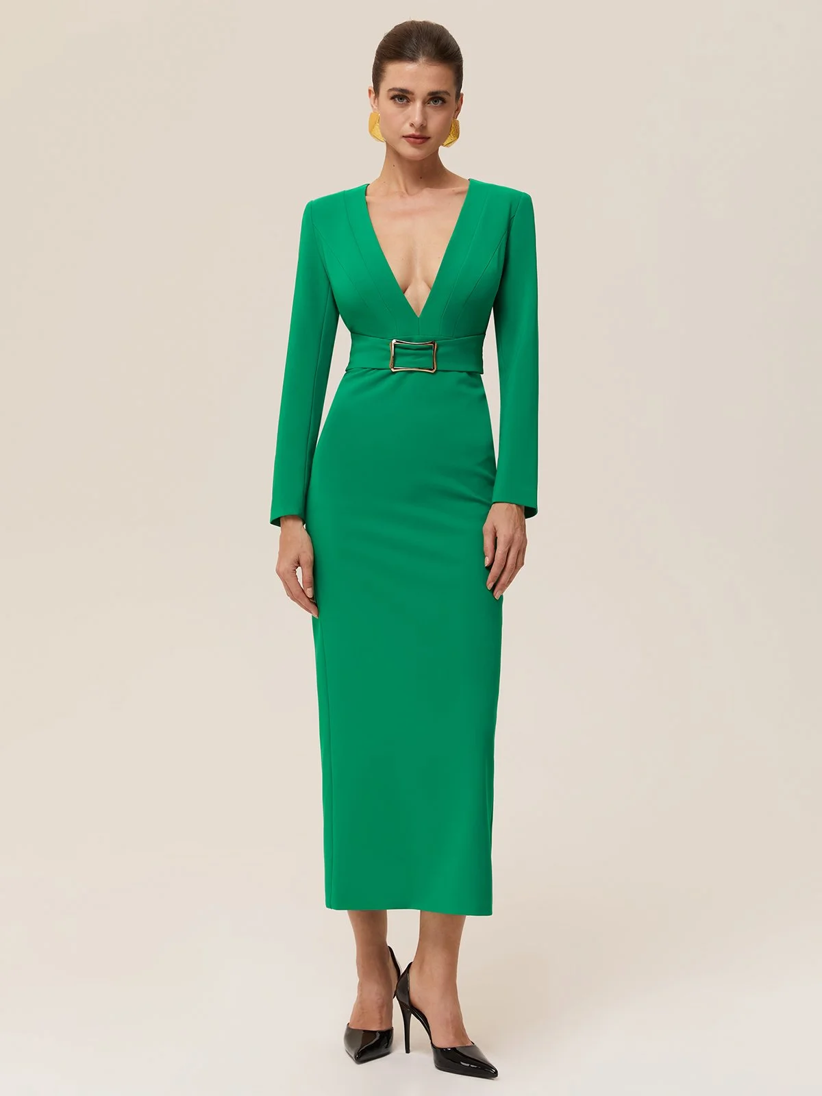 Green Deep V Neck Long Sleeve Sheath Maxi Dress