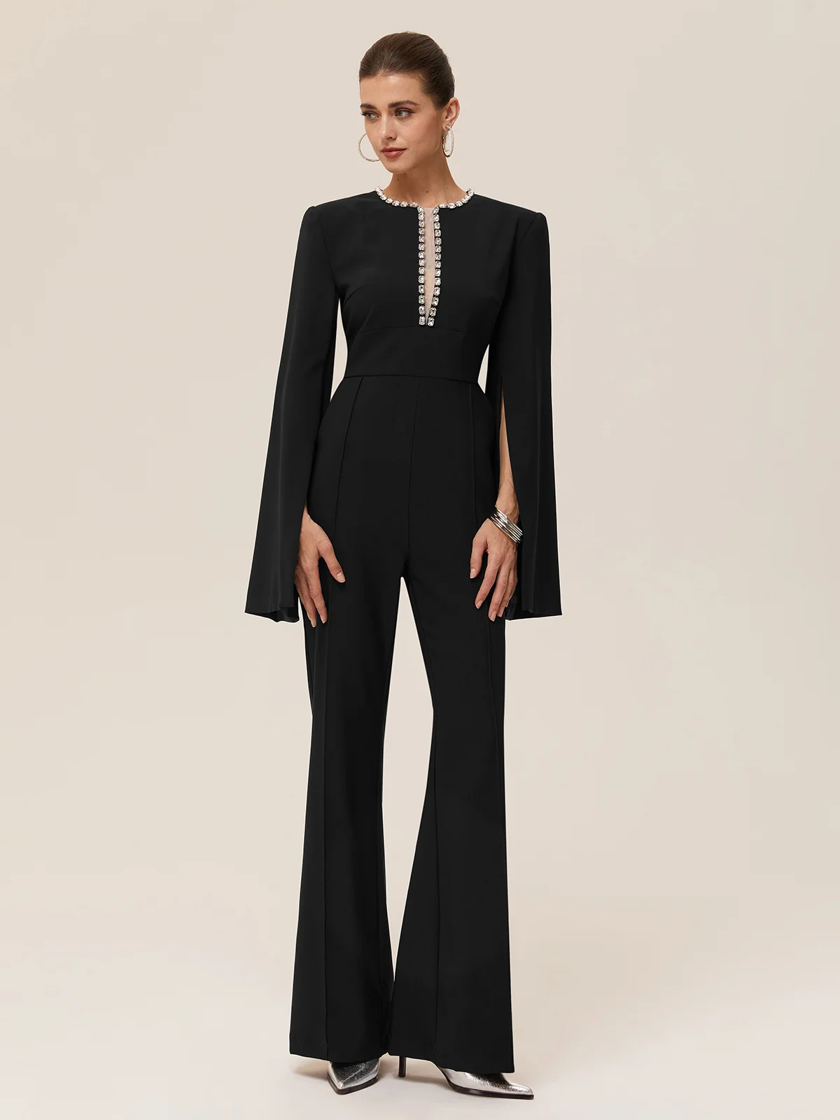 Women Black Rhinestone Split Bell Sleeve Wide-Leg Jumpsuit