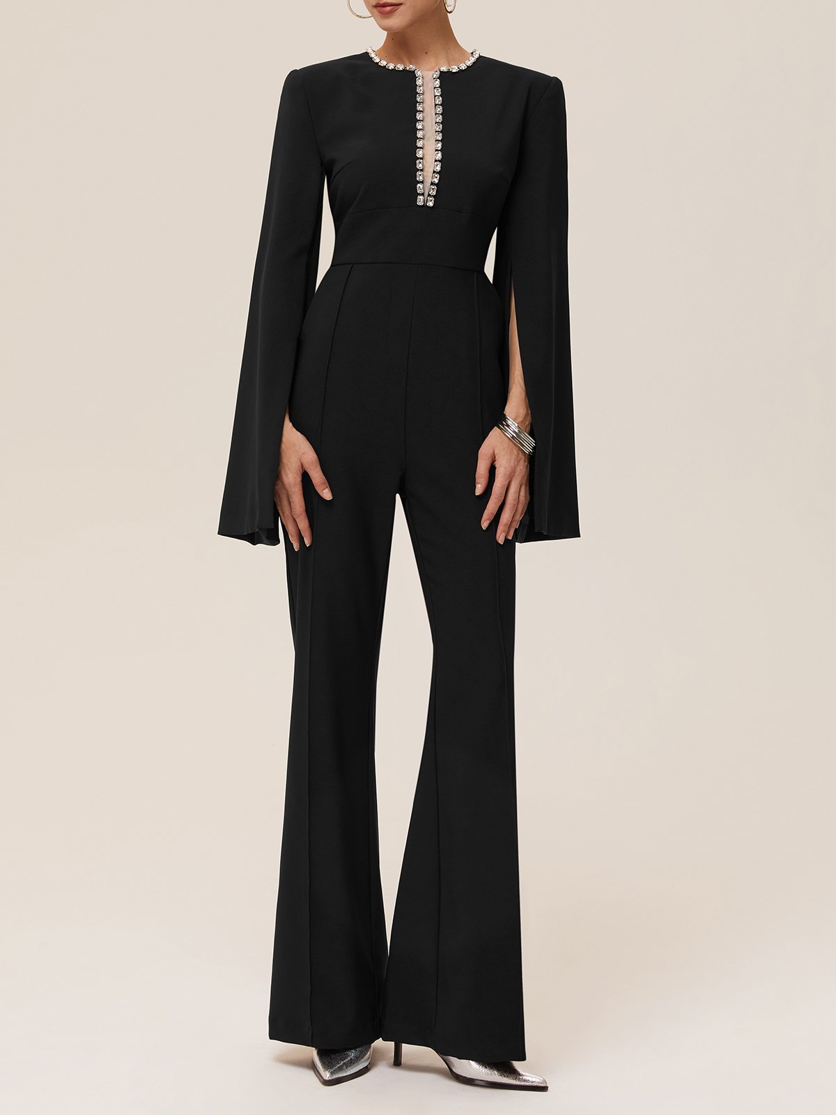 Women Black Rhinestone Split Bell Sleeve Wide-Leg Jumpsuit