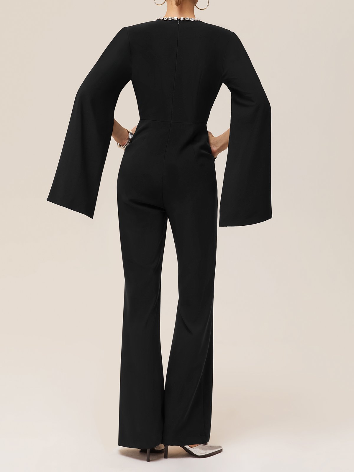 Women Black Rhinestone Split Bell Sleeve Wide-Leg Jumpsuit